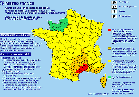 Bilden visar den franska vädertjänstens varningskarta från hösten 2005
