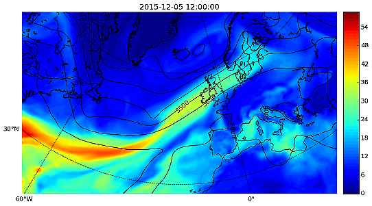Bilden visar en karta med en fuktig sträng av luft som sträcker sig från östra USA över Atlanten till nordvästra Europa.