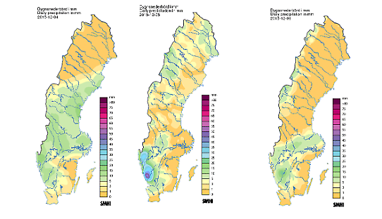 Bilden visar dygnsnederbörd för 4-6 december. I alla bilderna syns relativt stora nederbördsmängder i västra Götaland och relativt små nederbördsmängder i östra Götaland.  