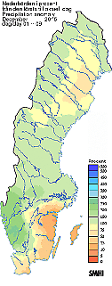 Bilden visar nederbördsavvikelser under perioden 1-9 december (avvikelser från de genomsnittliga nederbördsmängderna 1961-90). Ett nederbördsöverskott på drygt 200% syns i delar av västra Götaland medan det är underskott i östra Götaland.