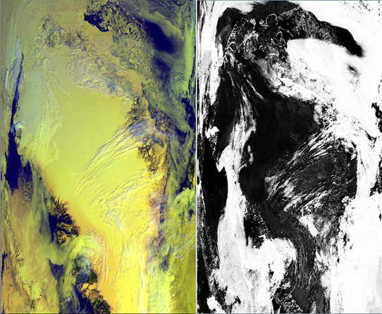 Satellitbild över Grönland med moln, och en molnanalys