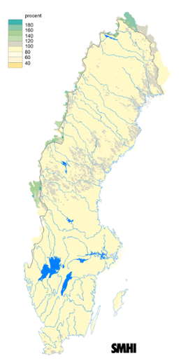 Karta över beräknad markvattenhalt i procent av den normala, 15 januari 2016.