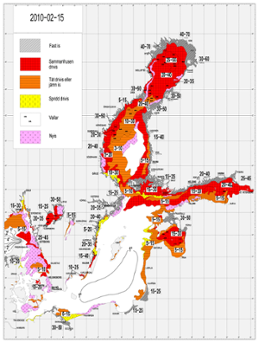 Karta över isutbredning och ytvattentemperatur i havet 15 februari 2010 