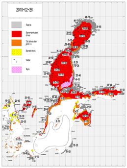 Karta över isutbredning och ytvattentemperatur i havet 28 februari 2010 
